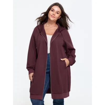 Bloomchic Solid Longline Drawstring Zipper Hoodie In Burgundy