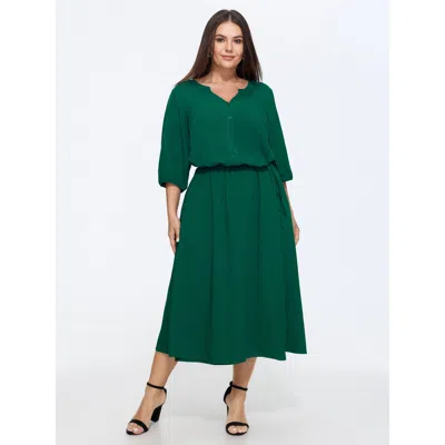 Bloomchic Solid Notch V Neck Drawstring Waist Midi Dress In Green