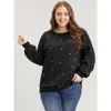 Bloomchic Solid Pearl Beaded Drop Shoulder Sweatshirt In Black