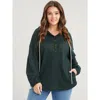 Bloomchic Solid Pocket Button Drawstring Waffle Knit Hooded Sweatshirt In Green