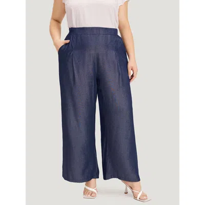 Bloomchic Solid Pocket Elastic Waist Woven Pants In Blue