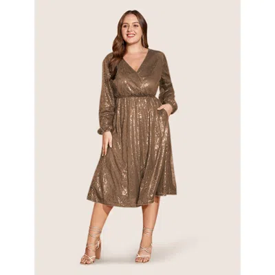 Bloomchic Solid Pocket Lantern Sleeve Wrap Sequin Dress In Brown