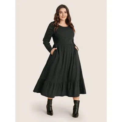 Bloomchic Solid Pocket Rib Knit Ruffle Hem Dress Without Belt In Black