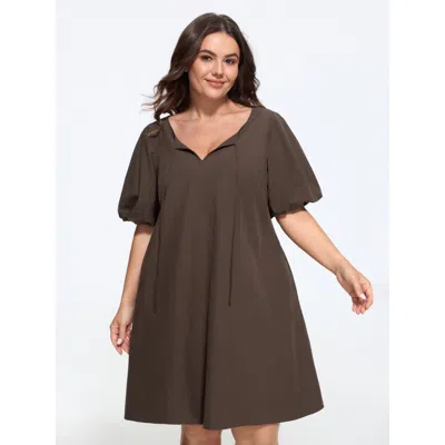 Bloomchic Solid Puff Sleeve A-line Mini Dress In Brown