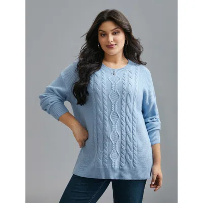 Bloomchic Solid Round Neck Plisse Cable Knit Pullover In Blue