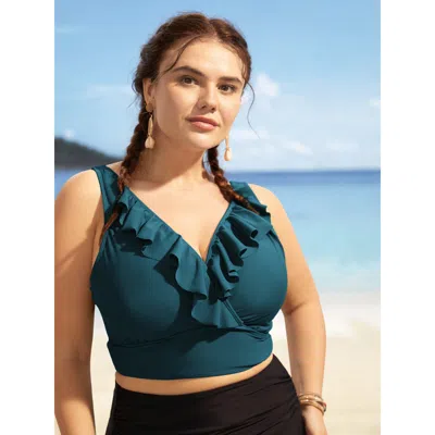 Bloomchic Solid Ruffle Surplice Neck Trim Swim Top In Blue
