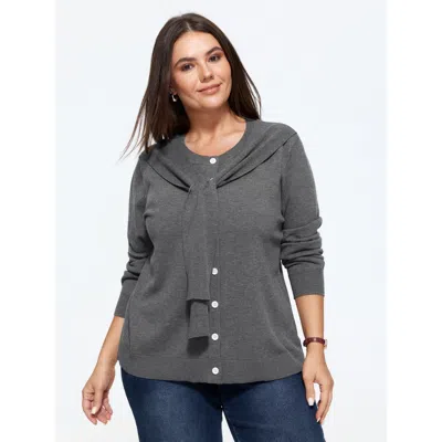 Bloomchic Solid Scarf Bow Tie Button Front Cardigan In Gray