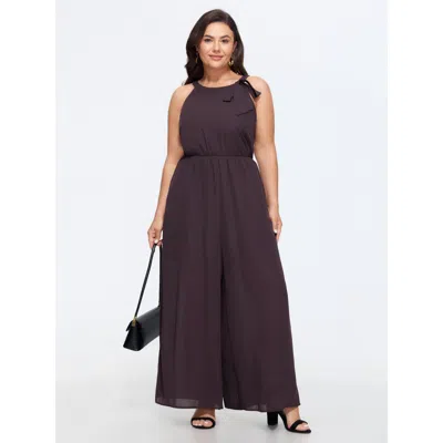 Bloomchic Solid Sheer Bow Halter Neck Wide Leg Jumpsuit In Browncoffeecolor