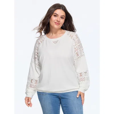 Bloomchic Solid Sheer Lace Patchwork Crew Neck Sweatshirt In Gray