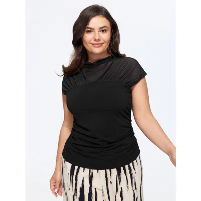 Bloomchic Solid Sheer Mesh Mock Neck Side Ruched Top In Pureblack