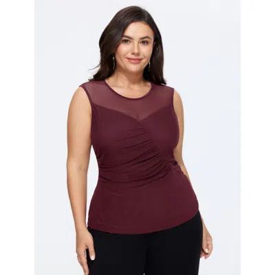 Bloomchic Solid Sheer Mesh Ruched Tank Top In Burgundy