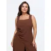 Bloomchic Solid Side Ruched Asymmetrical Hem Tank Top In Brown