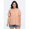 Bloomchic Solid Split Neck Button Detail T-shirt In Nudepink