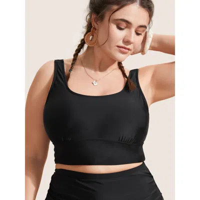 Bloomchic Solid Square Neck Adjustable Straps Swim Top In Black