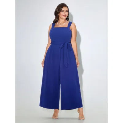 Bloomchic Solid Square Neck Sleeveless Belted Wide Leg Jumpsuit In Blue