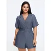 Bloomchic Solid Suit Collar Belted Romper In Darkblue