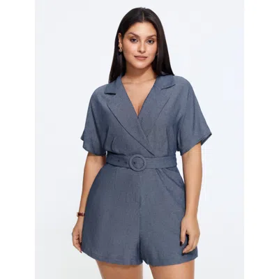 Bloomchic Solid Suit Collar Belted Romper In Darkblue