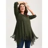 Bloomchic Solid Tassels Trim Pocket Asymmetrical Hem T-shirt In Black Forest