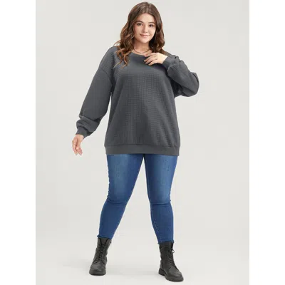 Bloomchic Solid Textured Drop Shoulder Sweatshirt In Gray