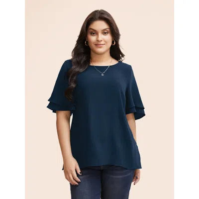 Bloomchic Solid Tiered Ruffles Split Hem Blouse In Blue