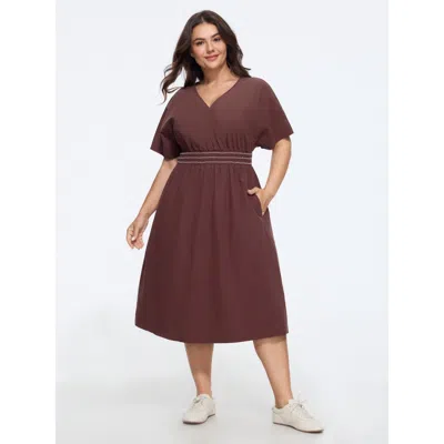 Bloomchic Solid V Neck Dolman Sleeve Shirred Waist Midi Dress In Browncoffeecolor
