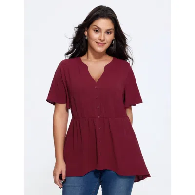 Bloomchic Solid V Neck Ruffle Sleeve Babydoll Blouse In Burgundy