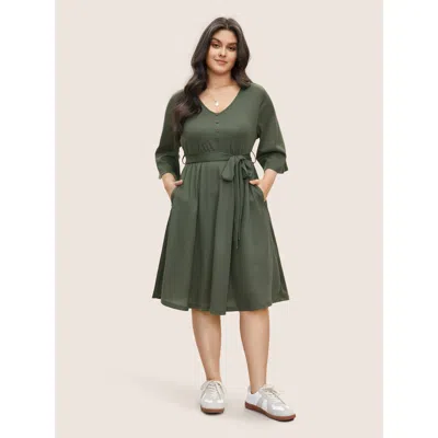 Bloomchic Solid Waffle Knit Button Detail Belted Dress In Green