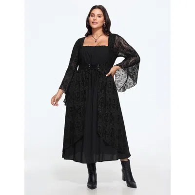 Bloomchic Sparkle Lace Bell Sleeve Corset‑waist Midi Dress In Black