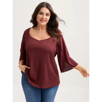 Bloomchic Split Bell Sleeve Waffle T-shirt In Brown
