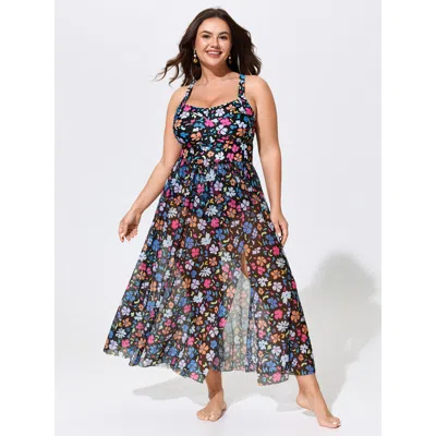 Bloomchic Split Hem Sarong Set Floral One-piece Swim In Multi