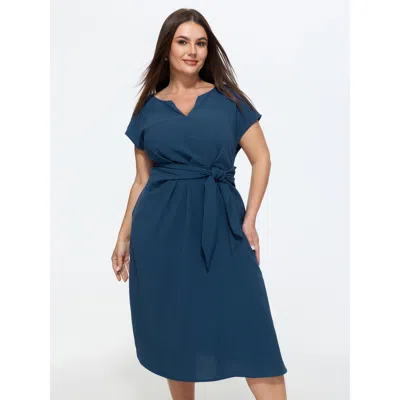 Bloomchic Split Neckline Side Waist-tie Midi Dress In Blue