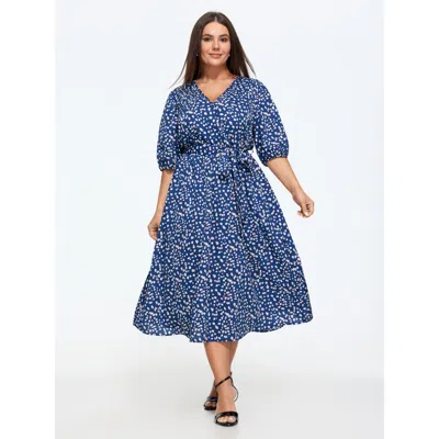 Bloomchic Spot Print Waist Tie Midi Dress In Ocean