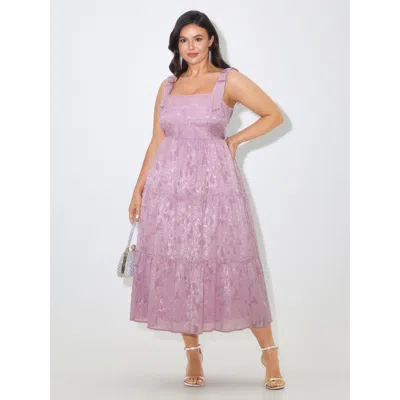 Bloomchic Square Neck Bow Shoulder Jacquard Tiered Maxi Dress In Purple