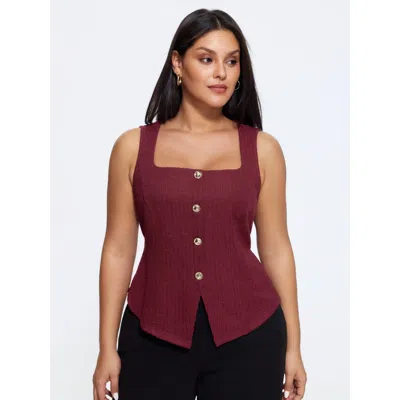 Bloomchic Square Neck Button Front Tweed Tank Top In Red
