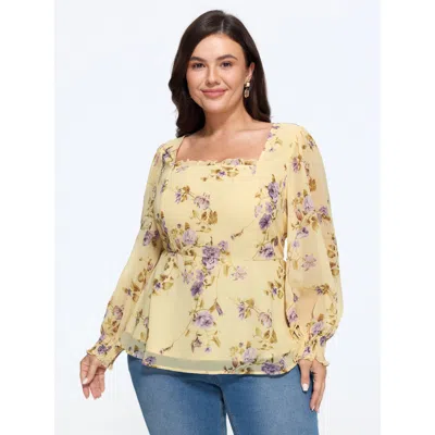 Bloomchic Square Neck Floral Print Ruffle Chiffon Blouse In Lightyellow