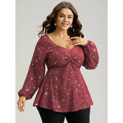 Bloomchic Star Glitter Square Neck Twist Front Blouse In Red