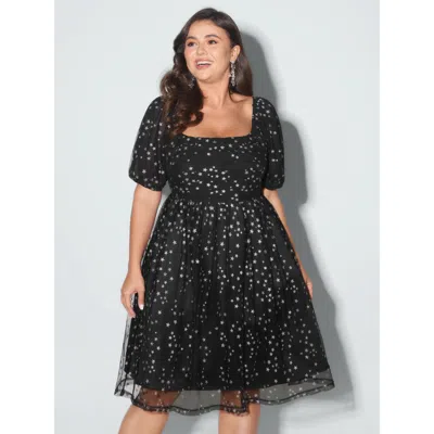 Bloomchic Star Moon Mesh Sequin Fit And Flare Mini Dress In Black