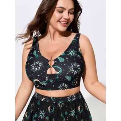 Bloomchic Star Moon Print Cut-out Swim Top In Black