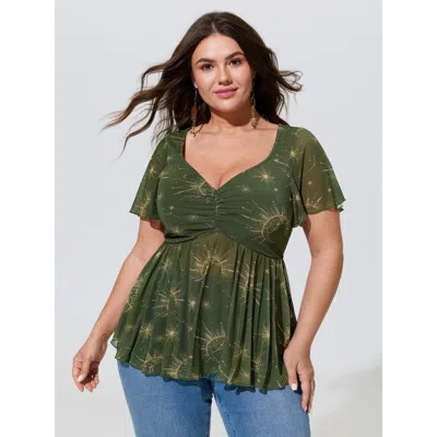 Bloomchic Star Moon Print Stretch Mesh Ruched Front Blouse In Green