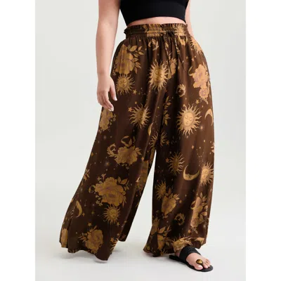 Bloomchic Star Moon Print Wide Waistband Pants In Brown