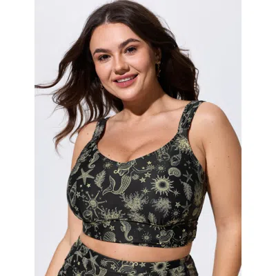 Bloomchic Starfish Print Color Contrast Bikini Top In Black