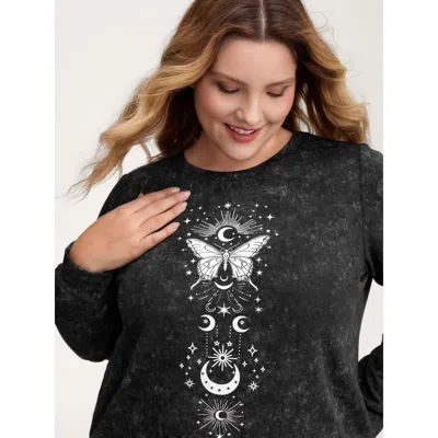 Bloomchic Starry Moon Stretchy Snowflake Textured Effect Sweatshirt In Black