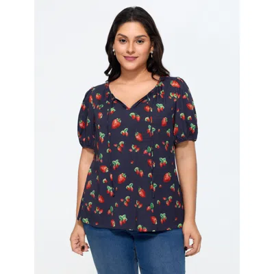 Bloomchic Strawberry Print V Neck Bubble Sleeve Blouse In Blue