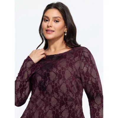Bloomchic Stretch Boat Neck Floral Flocked Mesh Top In Purple