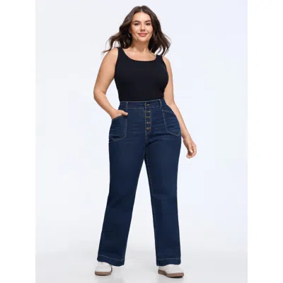 Bloomchic Stretch Button Front Wide Leg Jeans In Blue