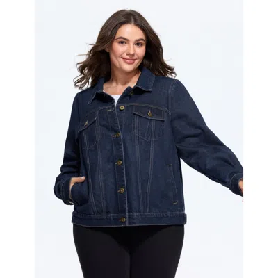 Bloomchic Stretch Classic Lapel Collar Button‑front Denim Jacket In Denim Extra-darkblue