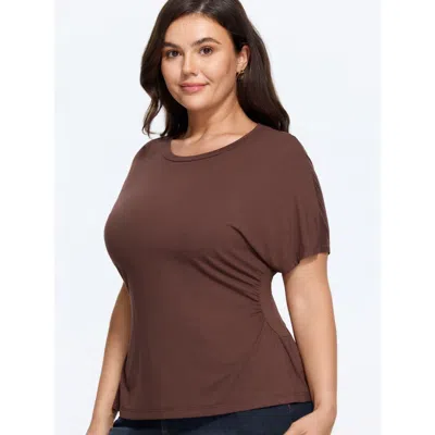 Bloomchic Stretch Crew Neck Side Waist Ruched Detail T‑shirt In Browncoffeecolor