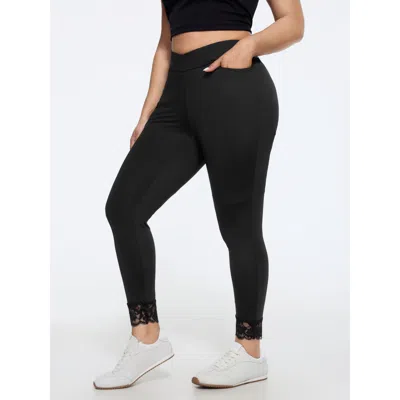 Bloomchic Stretch Crossover Waist Lace Trim Pocket Leggings In Black
