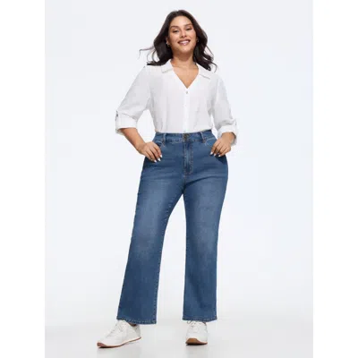 Bloomchic Stretch Double Button Straight Leg Jeans In Blue