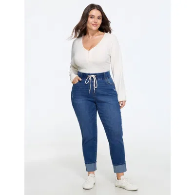 Bloomchic Stretch Drawstring Waist Cuffed Hem Jeans In Blue